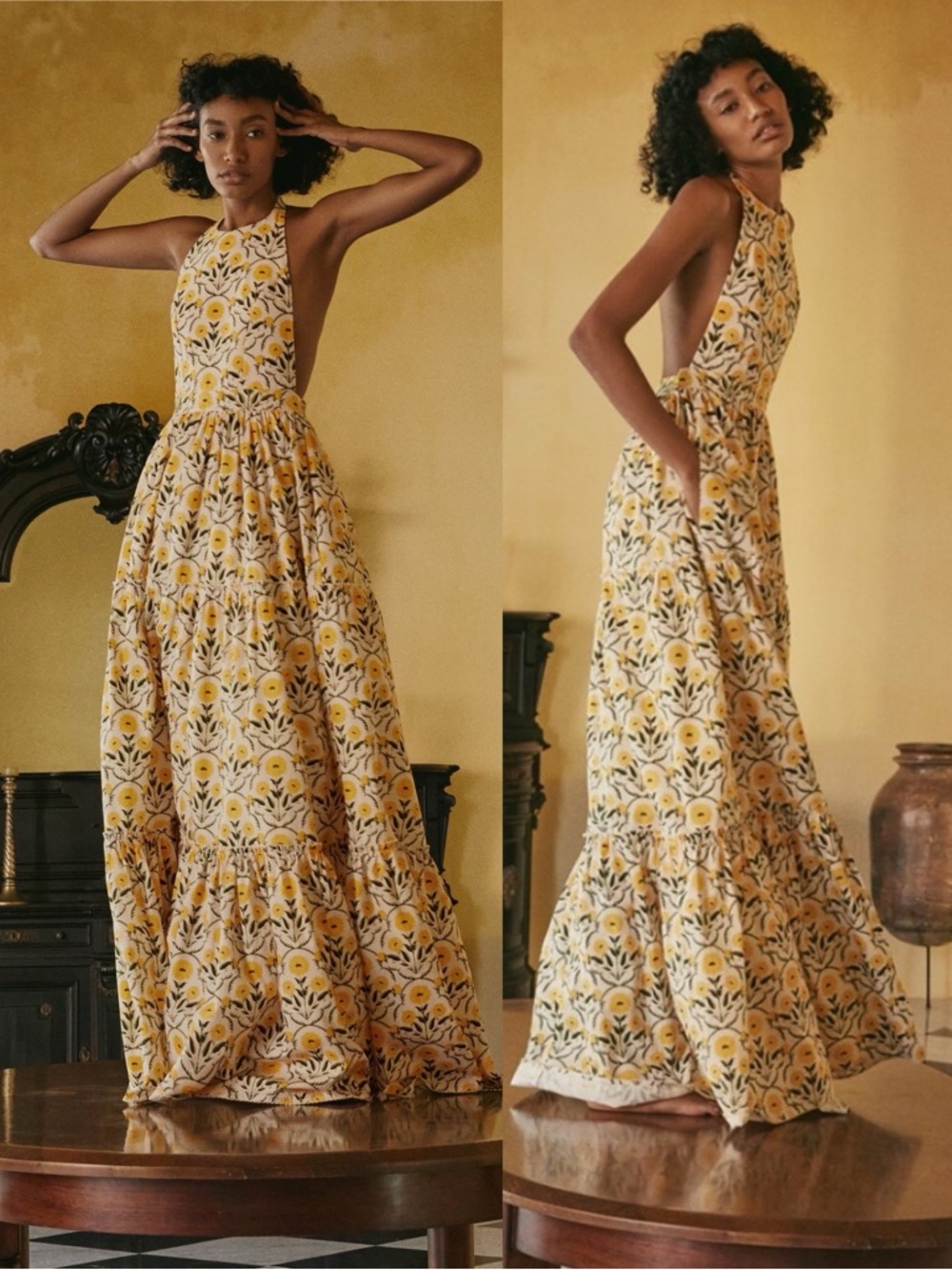 Agua by Agua Bendita Naranja Mimosa Floral Cotton Poplin Maxi Halter Dress